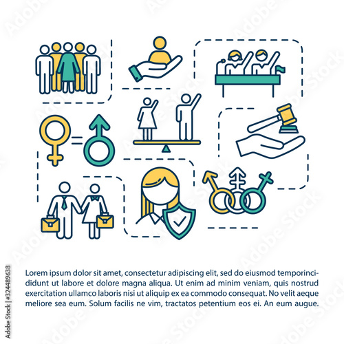Gender equality concept icon with text. Feminism movement, women and men equal rights PPT page vector template. Brochure, magazine, booklet design element with linear illustrations