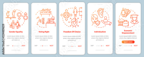 Feminism onboarding mobile app page screen with concepts. Female rights for equal wages and education walkthrough 5 steps graphic instructions. UI vector template with RGB color illustrations
