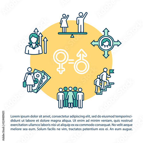 Workplace equality concept icon with text. Women and men job wages gap, gender pay differences PPT page vector template. Brochure, magazine, booklet design element with linear illustrations