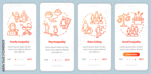 Gender equality barriers onboarding mobile app page screen with concepts. Workplace inequality walkthrough 4 steps graphic instructions. UI vector template with RGB color illustrations