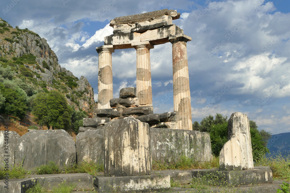 Athena Pronaia Temple front view, Ancient Greek archaeological site Delphi, Greece