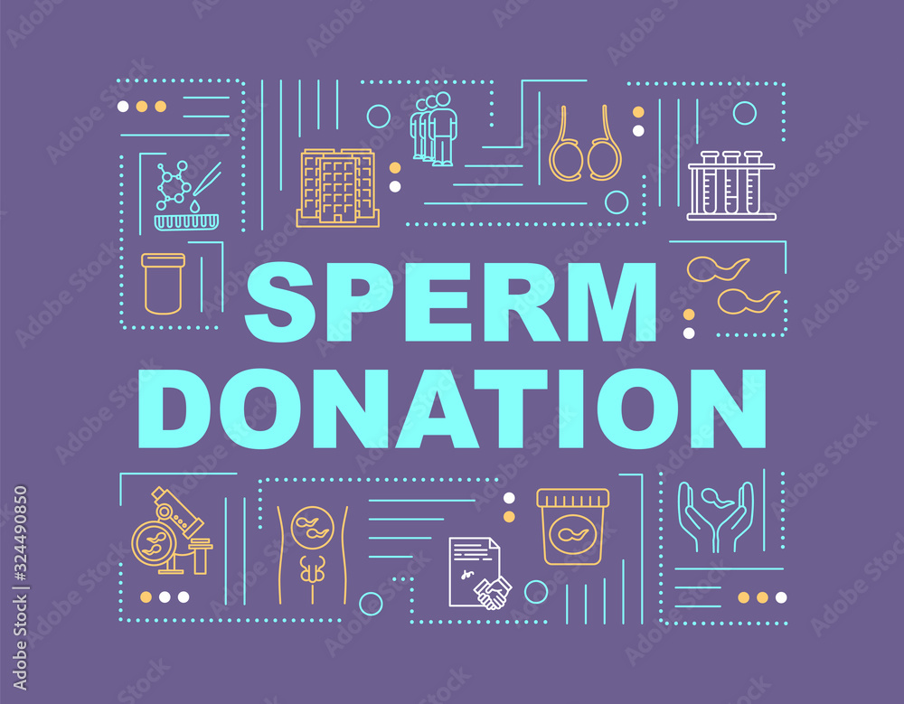 Sperm donation word concepts banner. Reproductive technology. Male infertility therapy. Infographics with linear icons on violet background. Isolated typography. Vector outline RGB color illustration