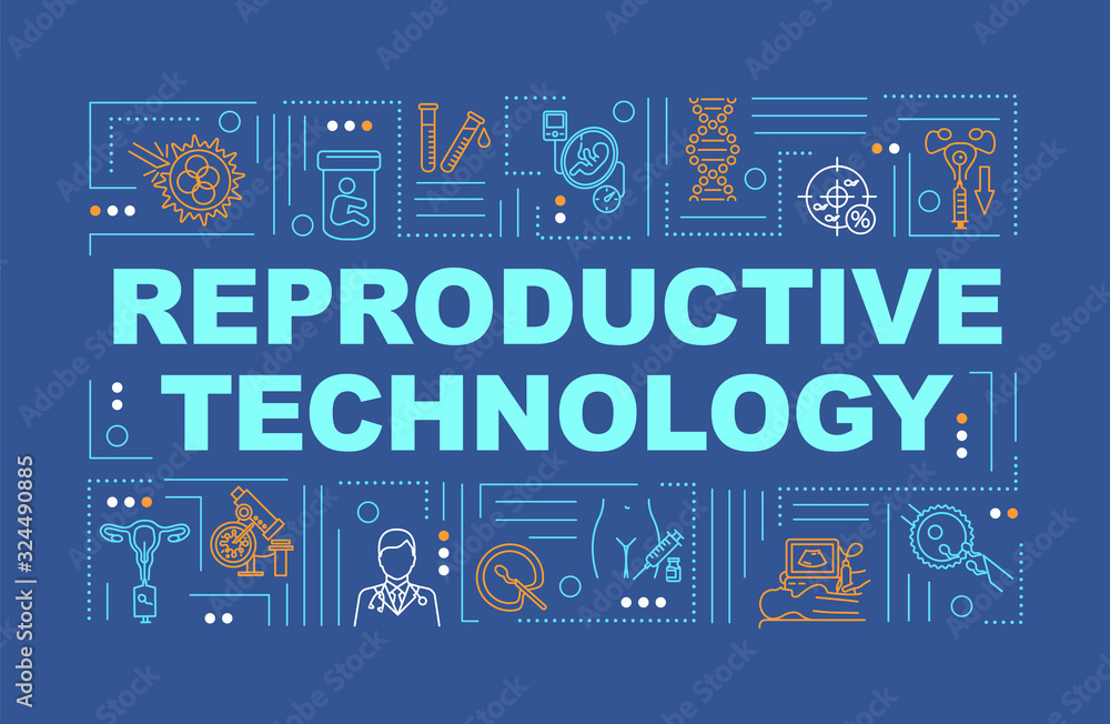 Reproductive technology word concepts banner. Artificial insemination. Biochemistry. Infographics with linear icons on blue background. Isolated typography. Vector outline RGB color illustration