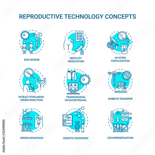 Reproductive technology turquoise concept icons set. In vitro fertilization. Egg donor. Alternative pregnancy idea thin line RGB color illustrations. Vector isolated outline drawings. Editable stroke