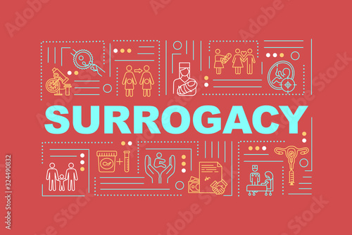 Surrogacy word concepts banner. Nurse assistance in clinic. Female egg donor. Infographics with linear icons on red background. Isolated typography. Vector outline RGB color illustration