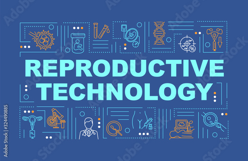 Reproductive technology word concepts banner. Artificial insemination. Biochemistry. Infographics with linear icons on blue background. Isolated typography. Vector outline RGB color illustration