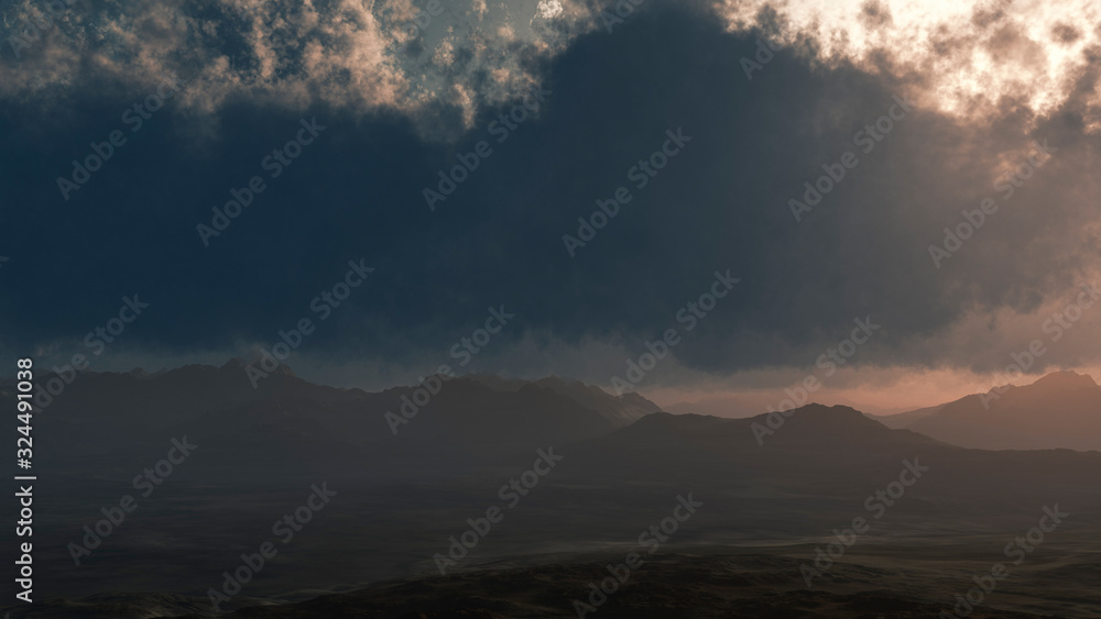 Mountain landscape with dark cloudy sky.