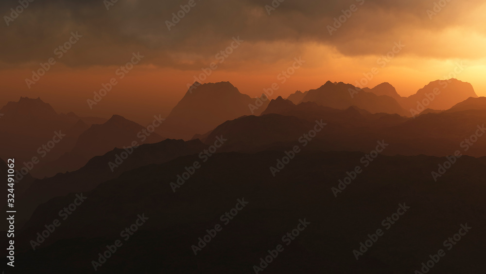 Remote mountain landscape at cloudy sunset.