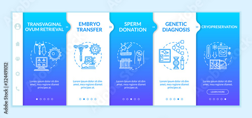 Reproductive technology onboarding vector template. Hormone therapy. Genetic diagnosis. Embryo transfer. Responsive mobile website with icons. Webpage walkthrough step screens. RGB color concept