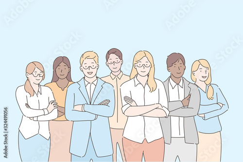 Team of businesspeople, teamwork, collaboration concept. Group of young businesspeople, business men, women standing together united by coworking, teamwork in office. Collaboration of clerks, managers