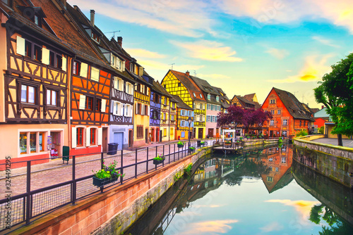 Colmar, Petit Venice, water canal and traditional houses. Alsace, France.