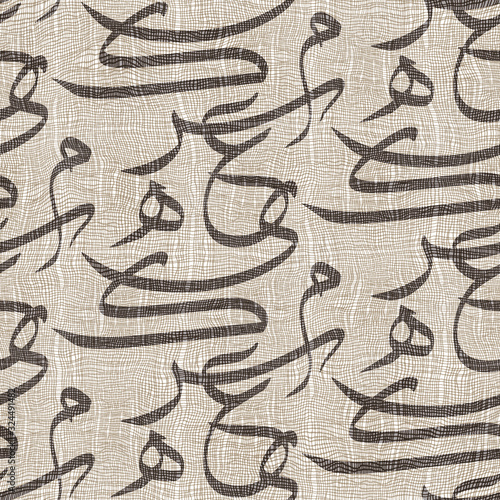 Printed seamless upholstery couch cover fabric pattern illustration. Modern worn arabic letters graphic design. Textured textile grungy cotton cloth. Decorative repeat raster jpg swatch. photo