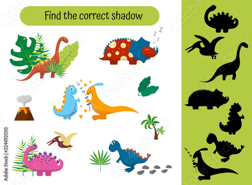 Find correct dinosaur shadow. Game for children  preschoolers  toddlers. Cute cartoon dinosaurs and tropical leaves. educational card