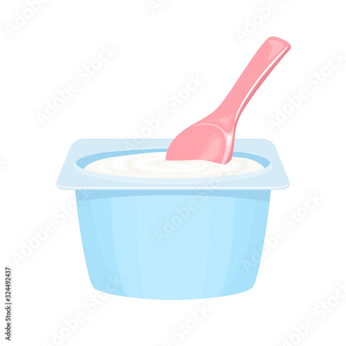 White yogurt in blue plastic container and pink spoon. Healthy dairy product Isolated on white background. Vector illustration of organic food in cartoon flat style.