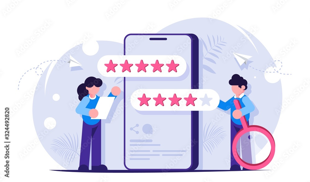 Customers feedback and comments. Five stars user score for mobile app. Woman voices the result of the study. Man with a magnifying glass. Modern Flat vector illustration. Customers feedback and comments. Five stars user score for mobile app. Woman voices the result of the study. Man with a magnifying glass. Modern Flat vector illustration.