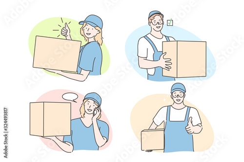 International courier service, deliverer set concept. Young boys, girls post office workers making package delivery, showing like sign. Professional post office work in global fast service flat vector