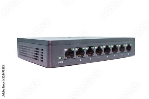 Black switch 8 port gigabit isolated white background device connect network and internet