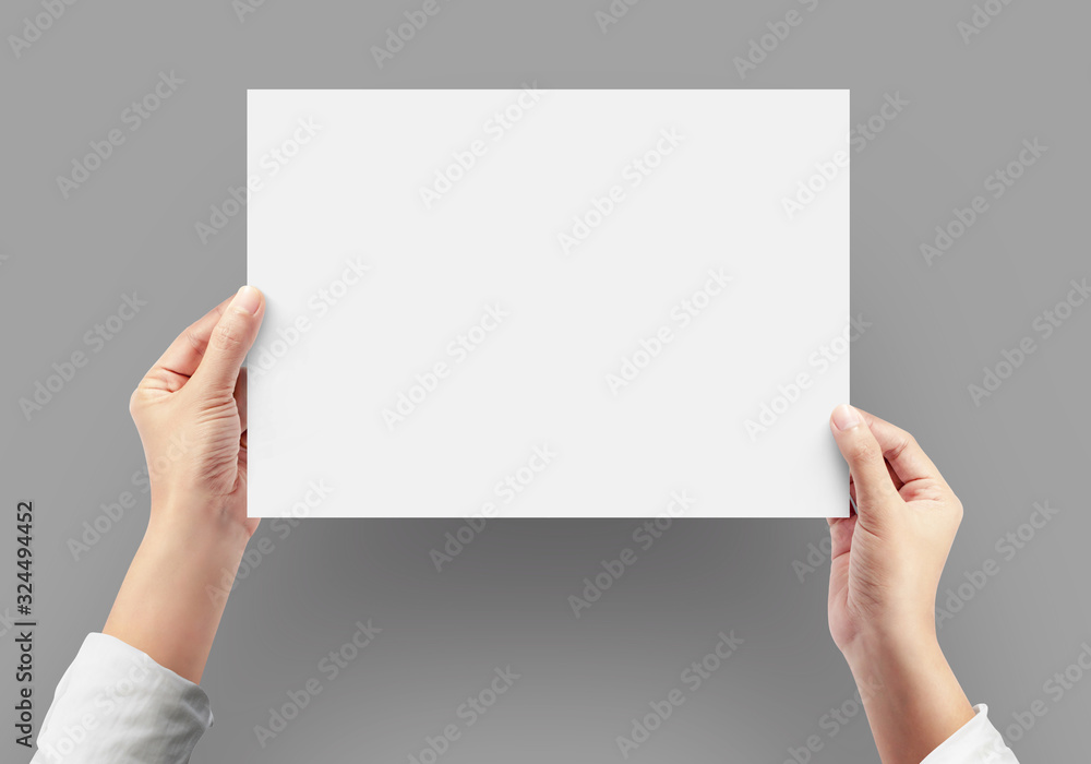 Hands Working women holding blank paper A4 size on top view. clipping path Isolated. Hands Working women holding blank paper A4 size on top view. clipping path Isolated.