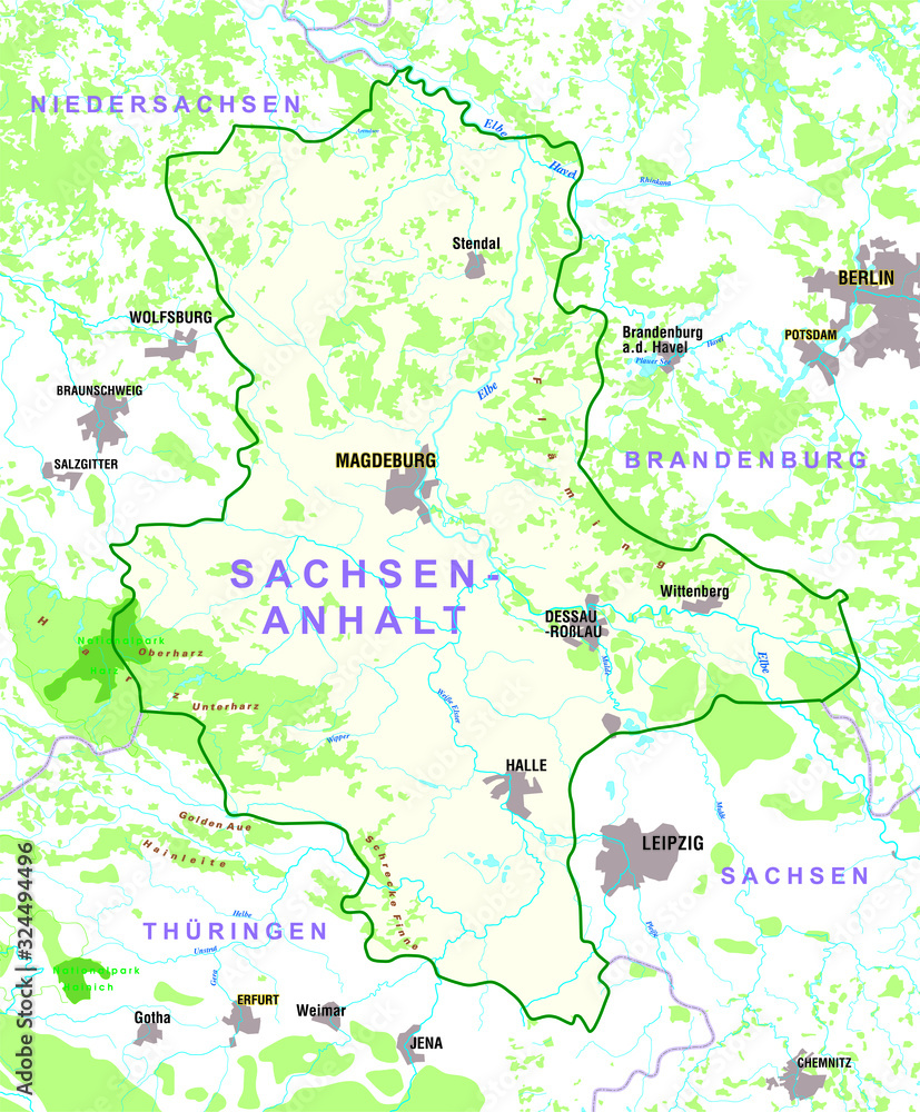 Map of the federal state of Sachsen Anhalt (Saxony-Anhalt) - Germany