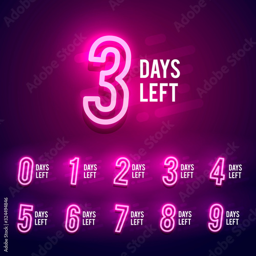 Vector illustration bright numbers of days left neon sign. 9 to 1 number signboard for sale or promotion.