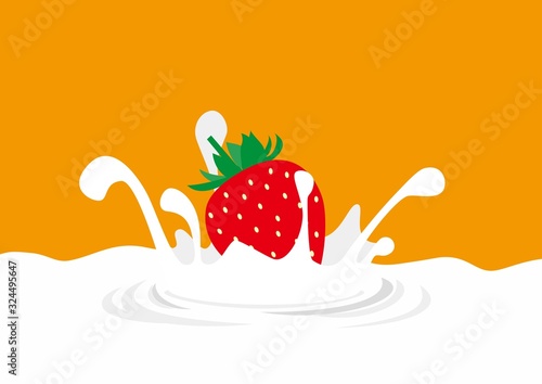 ミルクにダイブしてしぶきを上げるイチゴのイラスト