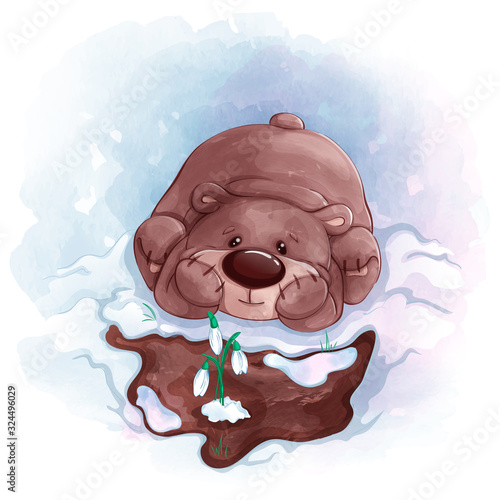 Teddy bear looks at snowdrops that bloomed in spring. Vector cartoon character with watercolor texture and background.