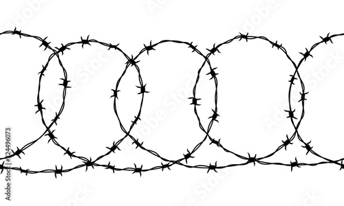 Seamless border of detailed black ravel barbed wire on white
