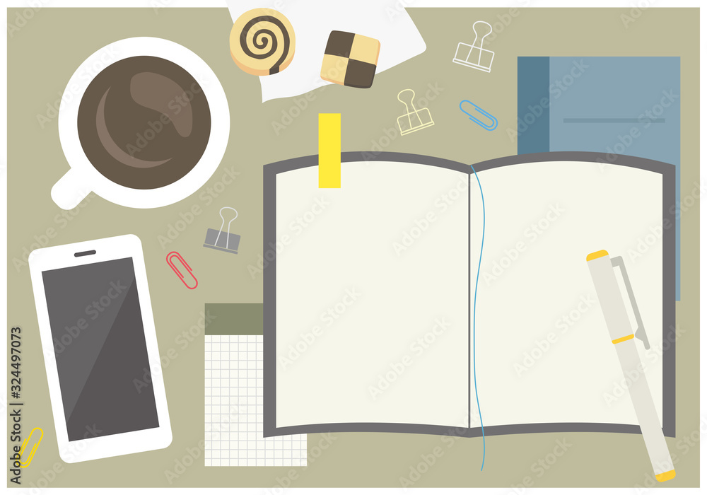 机の上のノートやコーヒーのイラスト Stock Vector Adobe Stock