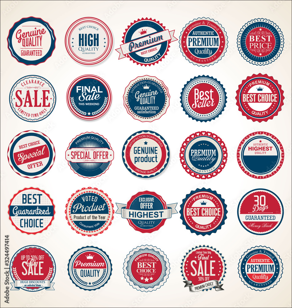 Retro vintage blue and red badges and labels