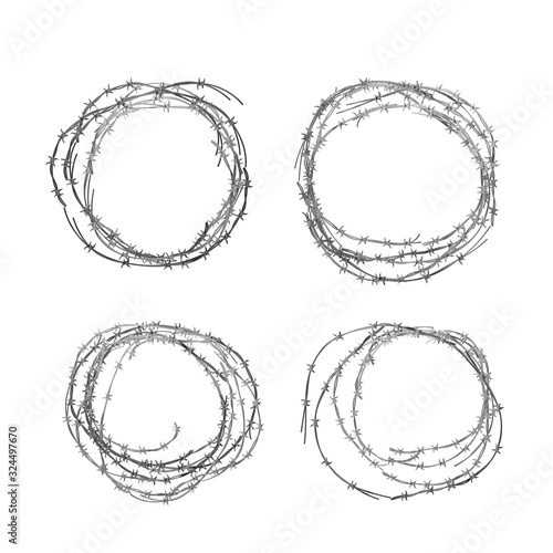 Set of different realistic hanks of metal glossy barbed wire on white