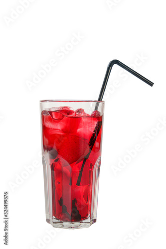 Monochrome transparent cocktail, refreshing in a tall glass with a lot of ice cubes with taste of berries, cherries, strawberries, grapefruit with a straw. Side view Isolated white background