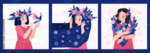 Set of cute illustrations with spring women. Happy women s day. Girls with a wreath of flowers, bouquet and bird against a pink sky. Vector design for poster, card, invitation, poster, brochure, flyer