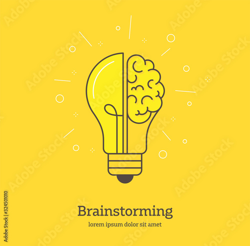 Creative Brain - Yellow half brain half lightbulb representing ideas. Vector line design style. Symbol of creativity, creative idea, thinking.