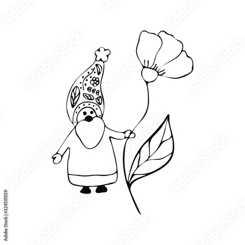 Hand drawn spring gnome with big flower. Cute symbol of spring for design. Vector illustration.