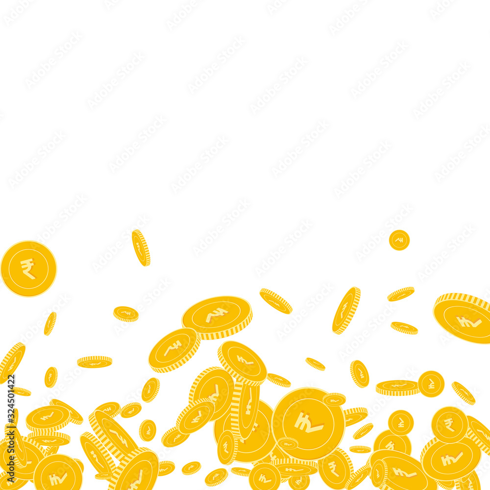 Indian rupee coins falling. Scattered floating INR Indian rupee coins falling. Scattered floating INR