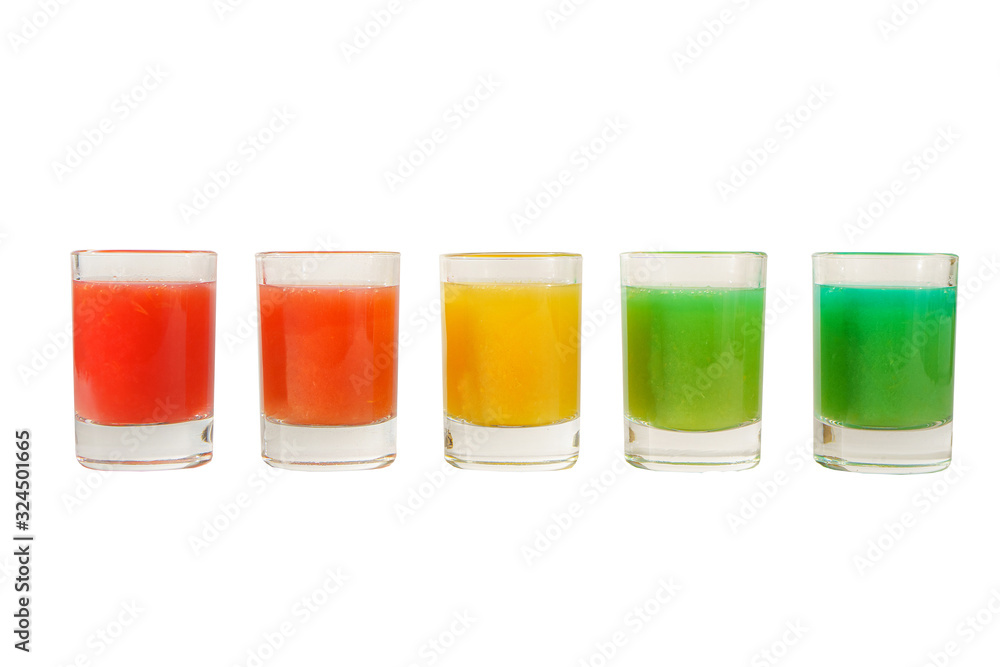 Multicolored opaque cocktails, a set of shots in one row, five servings. Side view Isolated white background. Drink for the menu restaurant, bar, cafe Multicolored opaque cocktails, a set of shots in one row, five servings. Side view Isolated white background. Drink for the menu restaurant, bar, cafe