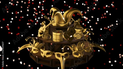 Golden Carnival Items On Wooden Display Rotate While Confetti Falls Down Seamlessly Looping Video With Transparent Background