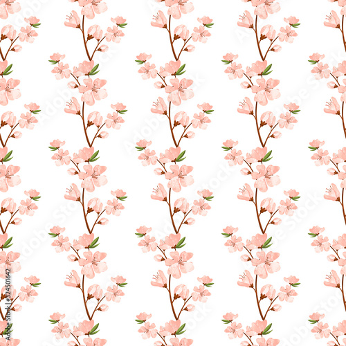 Digital art cute peach flower twig seamless pattern on white background. Print for fabrics, packaging paper and packages, posters, cards, invitations, clothes, covers, web design.