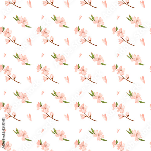 Digital art cute peach flower twig seamless pattern on white background. Print for fabrics  packaging paper and packages  posters  cards  invitations  clothes  covers  web design.