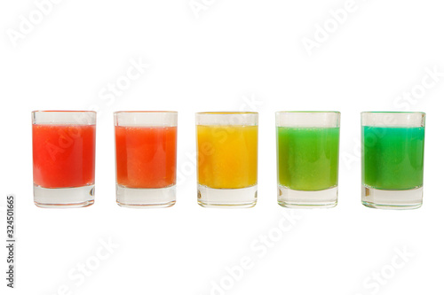 Multicolored opaque cocktails, a set of shots in one row, five servings. Side view Isolated white background. Drink for the menu restaurant, bar, cafe