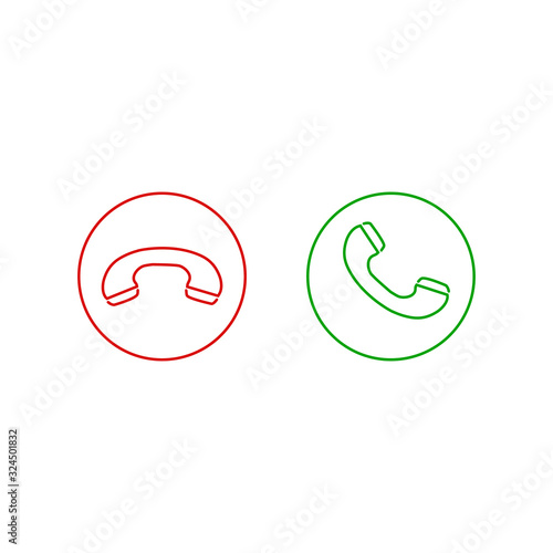 Phone call line icons. Accept call and decline button. Green and red buttons with handset silhouettes. Vector icons set isolated on white