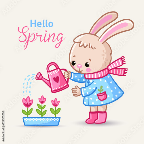 Little rabbit watering flowers in boots in spring. Vector illustration with cute animal