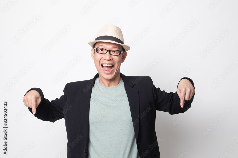 adult asian man point down to blank space. adult asian man point down to blank space.