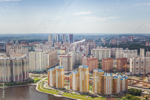 Beautiful summer panoramic landscape. Bird's-eye view of Krasnogorsk with Pavshinskaya floodplain photo