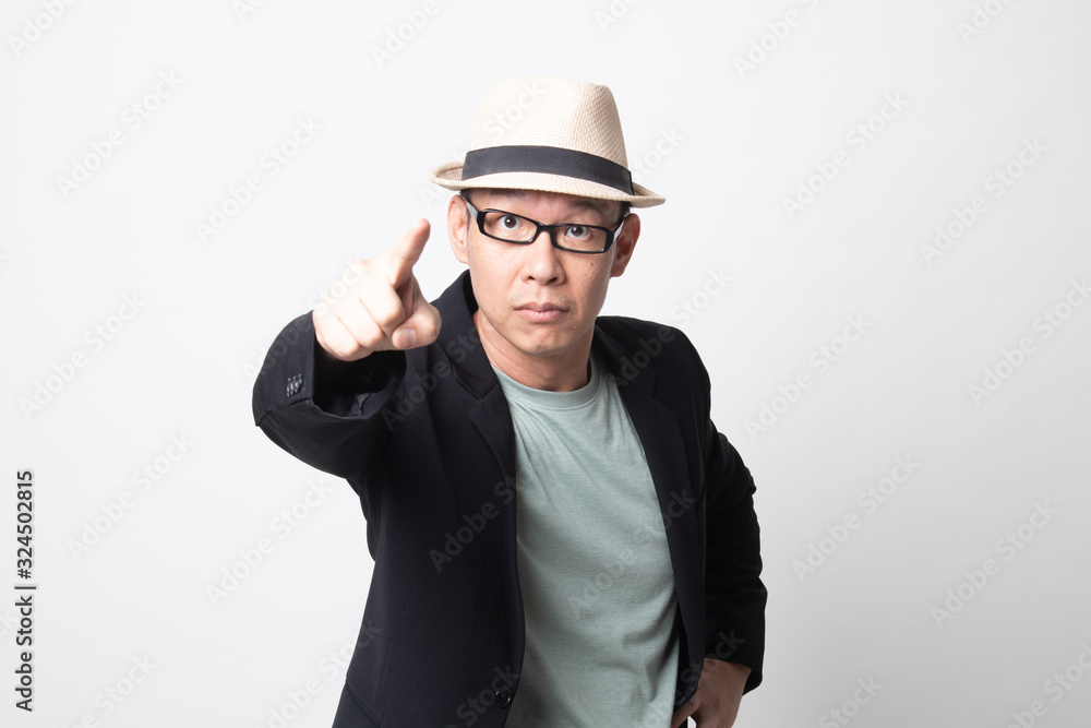 adult asian man angry and point to camera.