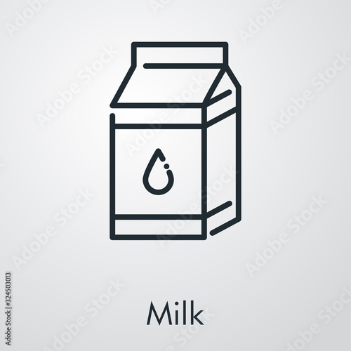 Icono plano lineal caja de cartón de leche en fondo gris