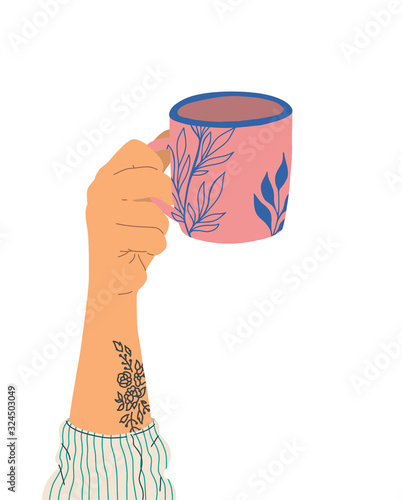 Hand with tattoo holds a cup of tea. Side view. Trendy vector illustration in cartoon style. Hand drawn fat design.