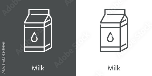 Icono plano lineal caja de cartón de leche en fondo gris y fondo blanco