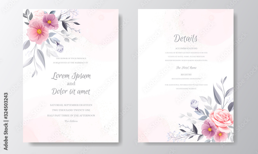 Romantic wedding invitation with beautiful rose and cosmos flower watercolor background