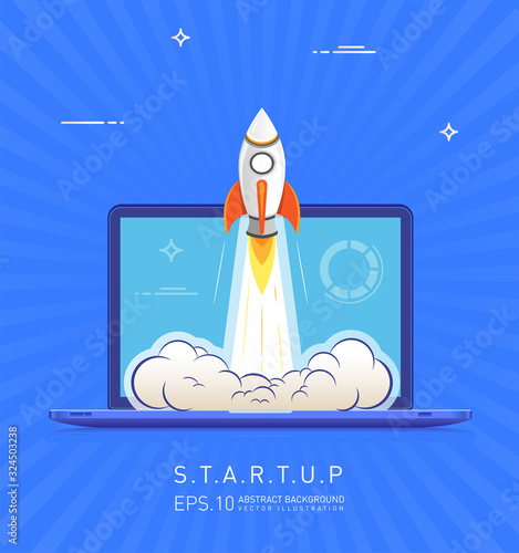 Business project startup concept. Rocket launch from laptop screen vector illustration.